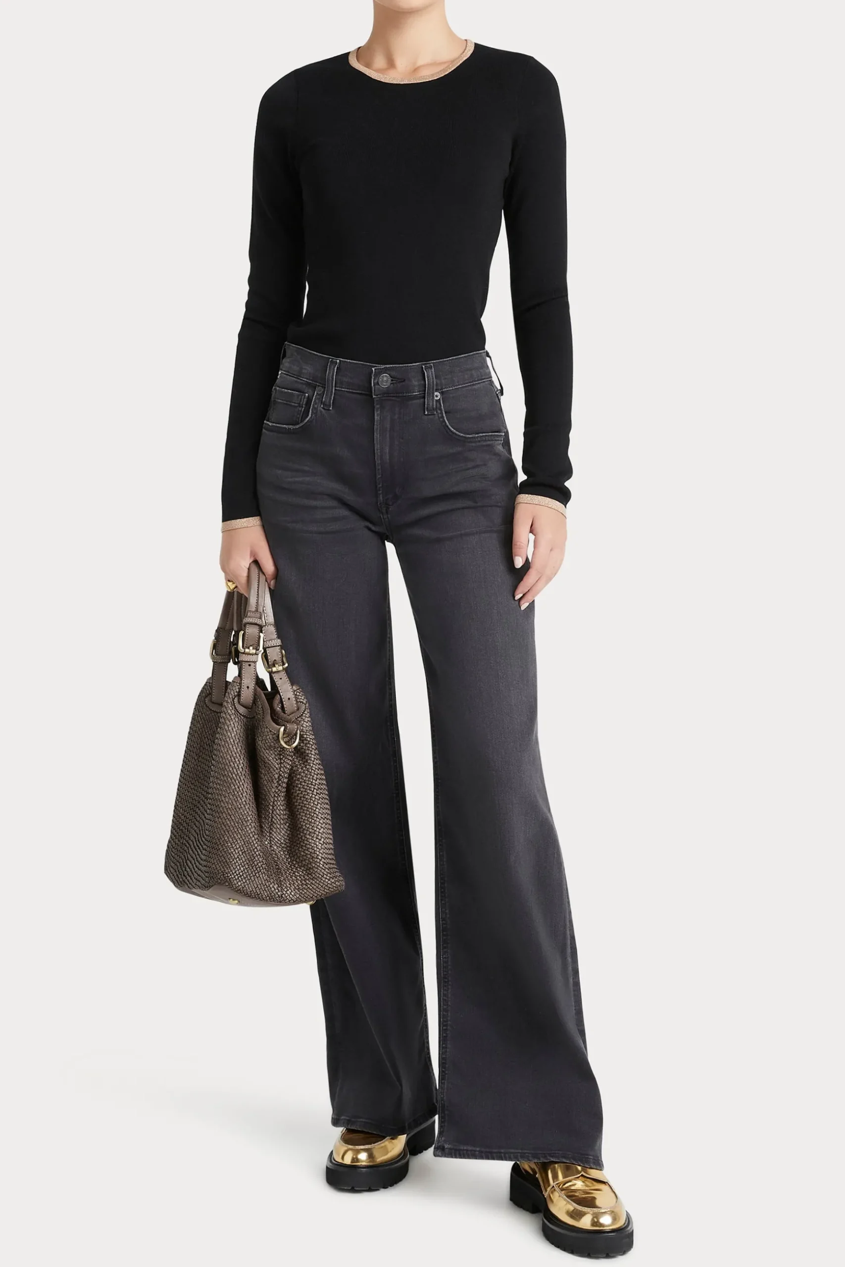 Husk MERINO CREW - Black Strp