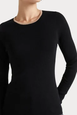 Husk MERINO CREW - Black Strp